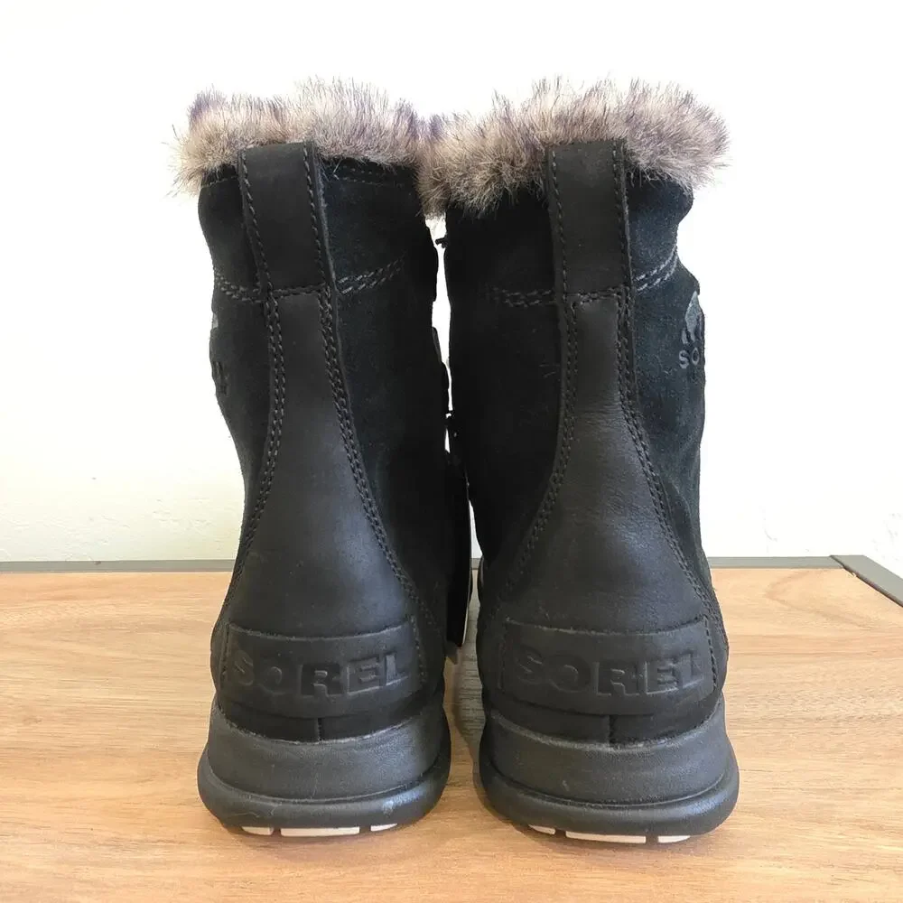 SOREL Explorer Joan Black Suede Waterproof Winter Boots Faux Fur Women Size 6.5